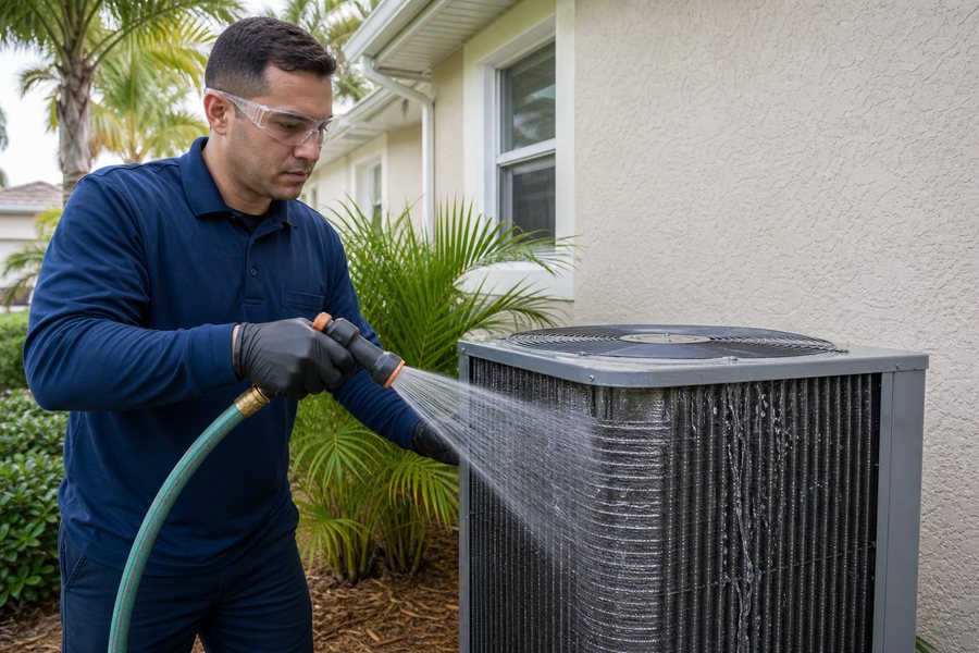 Technician cleaning a residential AC condenser coil in Riverview