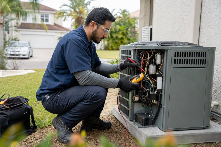 HVAC technician diagnosing a residential AC condenser in Riverview