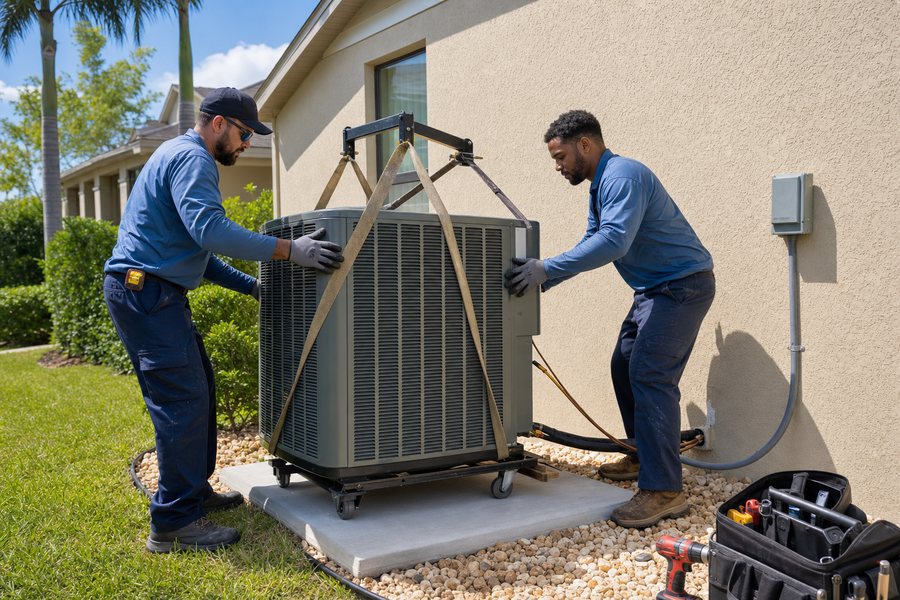 HVAC installers positioning a residential air conditioner in Riverview
