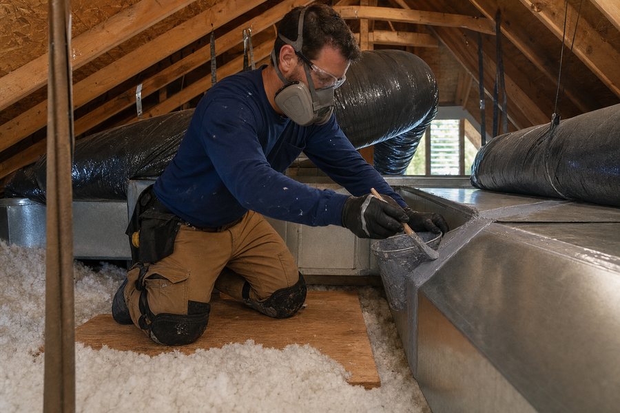 Technician sealing residential ductwork in a Riverview attic