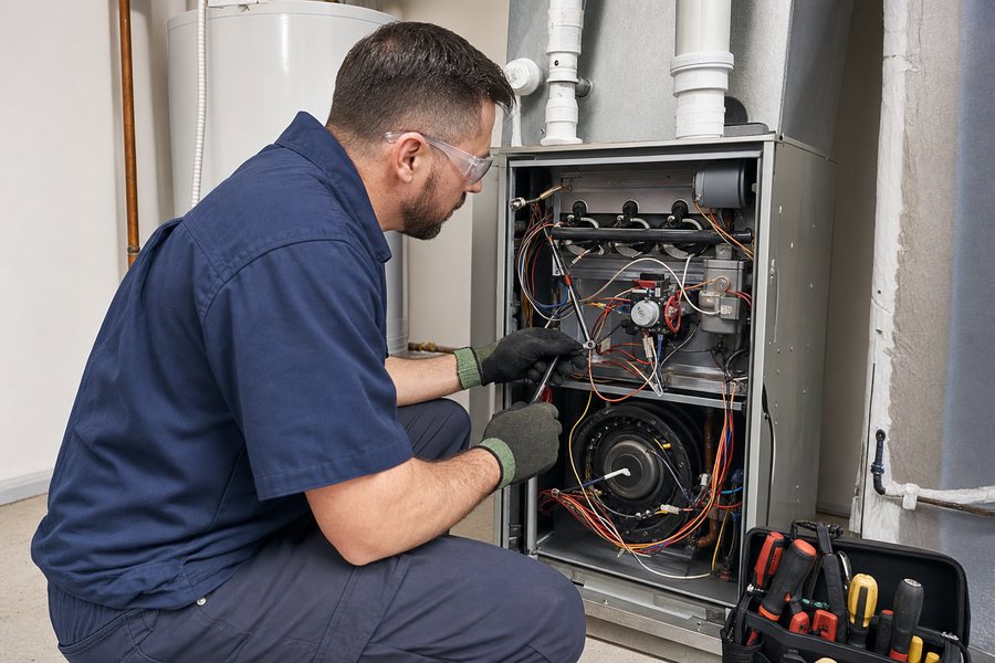 Technician inspecting residential furnace components in Riverview