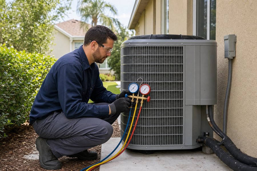 Technician diagnosing a residential heat pump in Riverview
