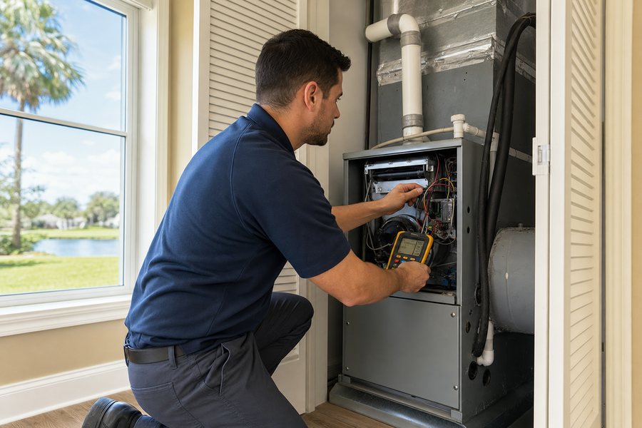 Technician inspecting a residential heating system in Riverview