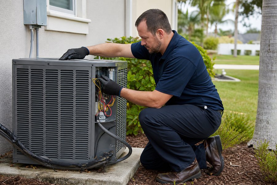 Technician performing HVAC maintenance on a Riverview air conditioner