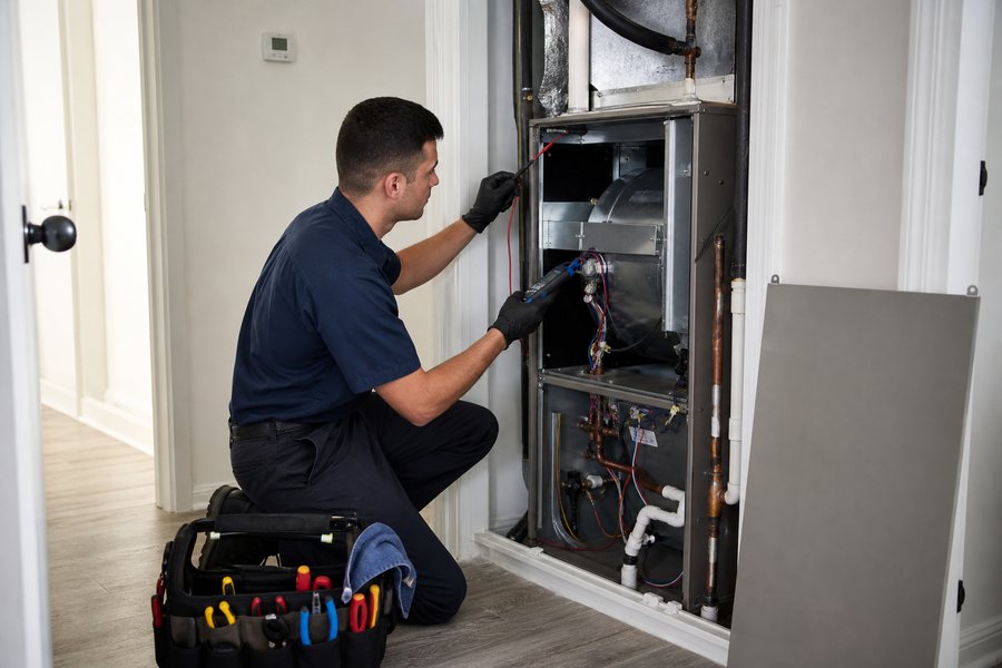 Technician diagnosing an indoor HVAC air handler in Riverview