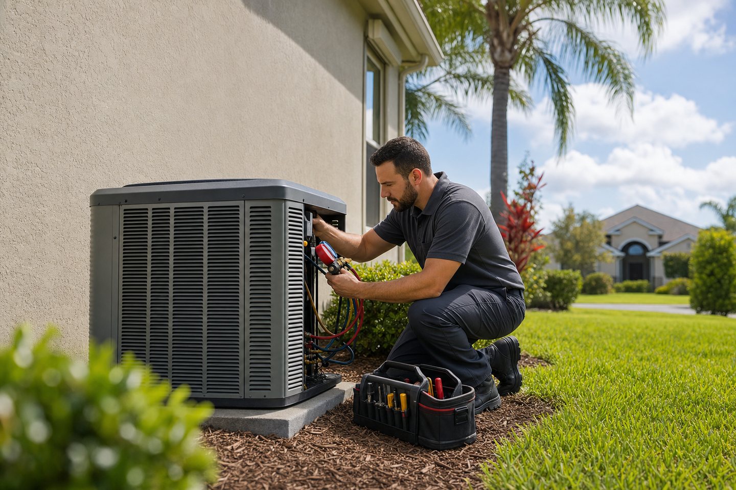 HVAC technician inspecting a residential air conditioner in Riverview, Florida