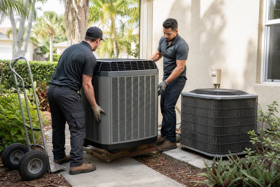 HVAC installers replacing a residential condenser in Riverview