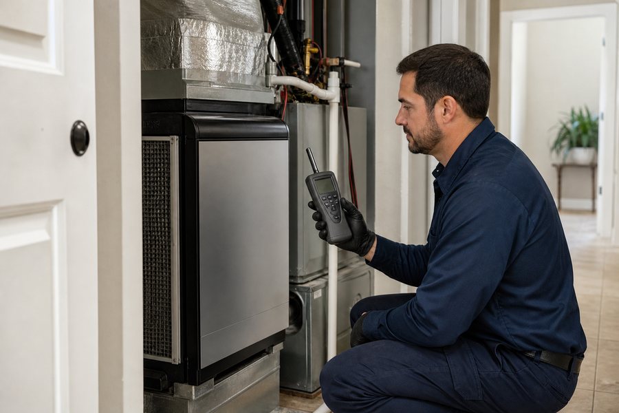 Technician testing indoor air quality beside a Riverview HVAC system