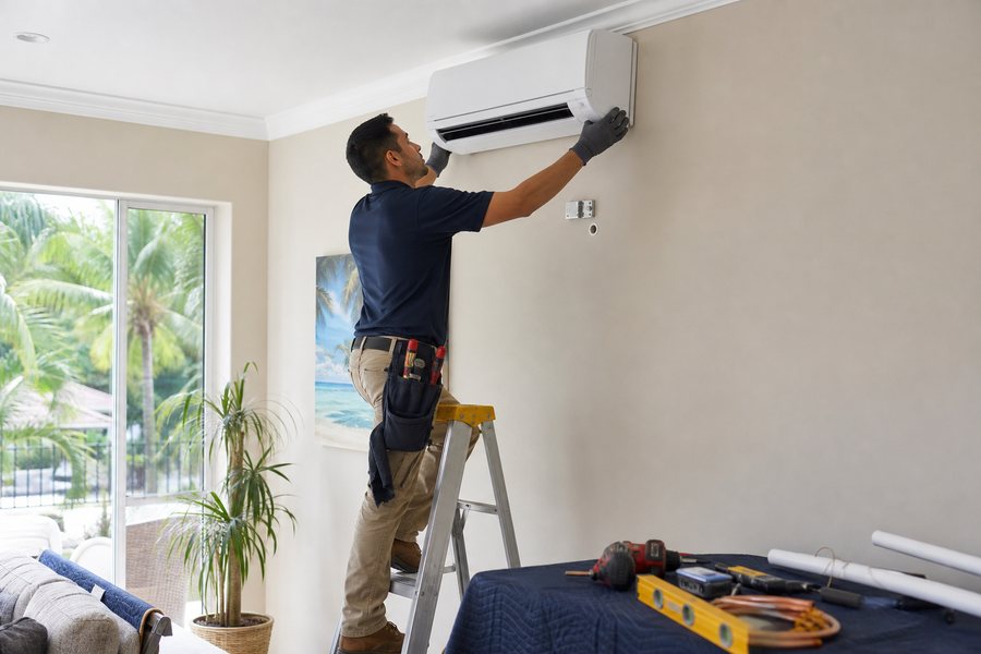 Technician installing a ductless mini-split system in Riverview