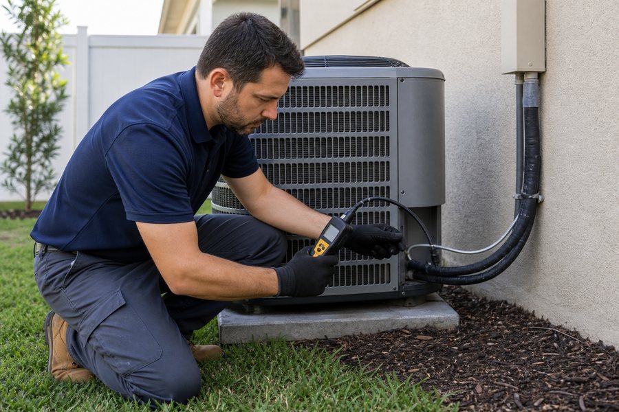 Technician detecting a refrigerant leak at a Riverview air conditioner