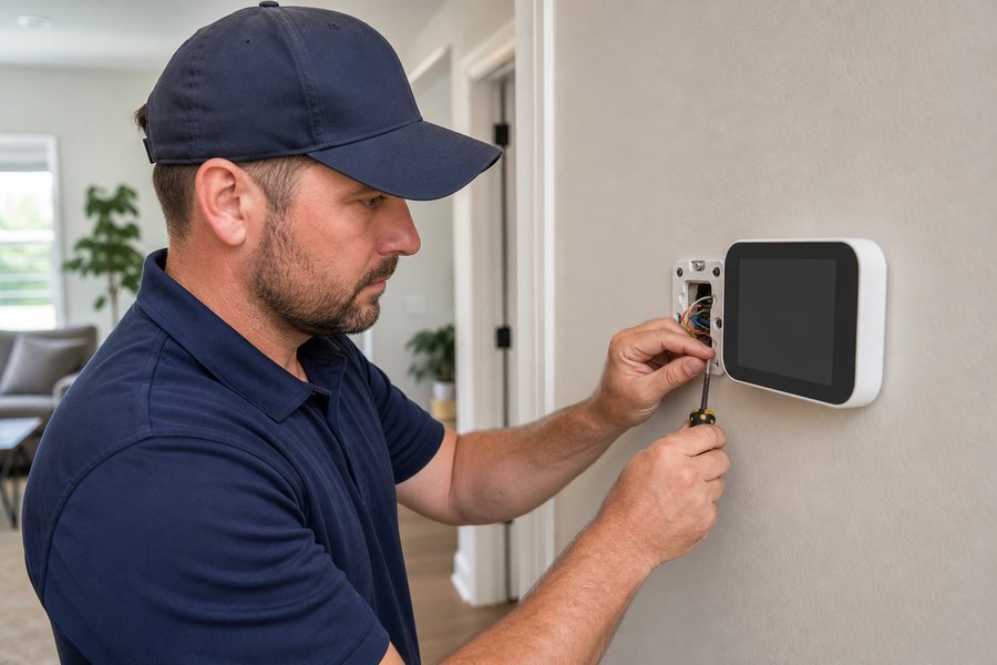 Technician installing a residential thermostat in Riverview