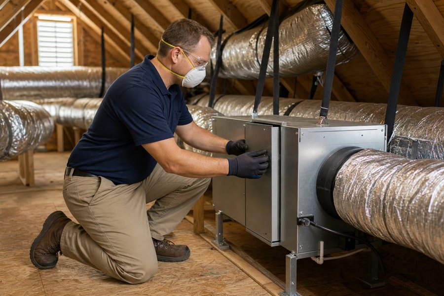 Technician inspecting a residential ventilation system in Riverview